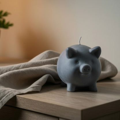 a dark grey pig on a nightstand with a grey handkerchief.