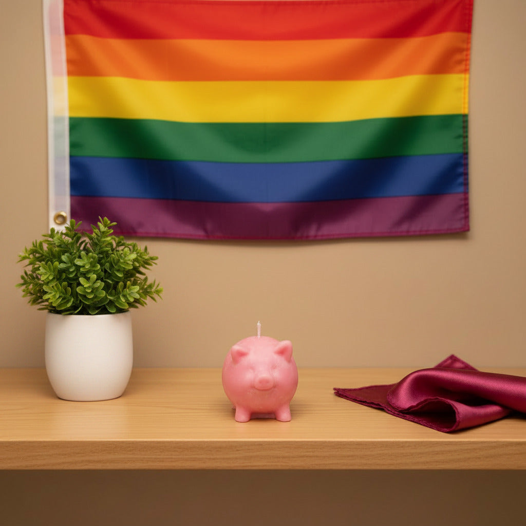 a pink pig candle on a shelf with a plant and a pink handkerchief. with a pride flag on the wall