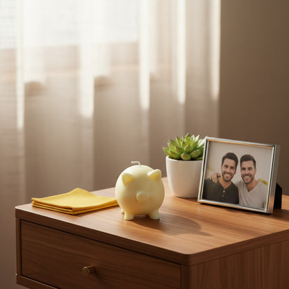 a pale yellow pig on a nightstand with a plant, a photo and a yellow handkerchief