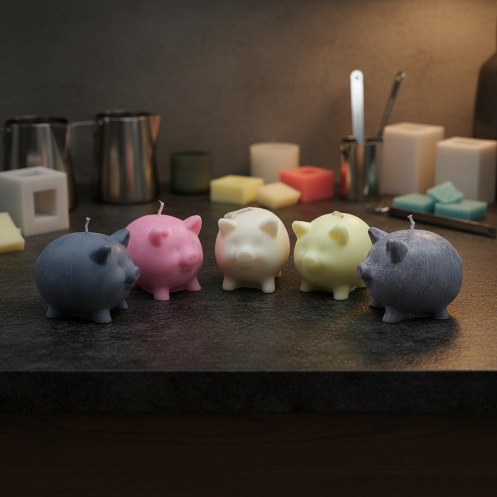 5 different colored pig candles on dark surface with candle making equipment as background