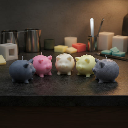 5 different colored pig candles on dark surface with candle making equipment as background