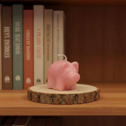 pink tiny pig candle (1.5" tall) on a disk of wood in a bookwshel