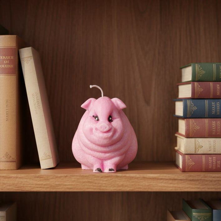A hand-painted sitting pig candle on display in a bookshelf