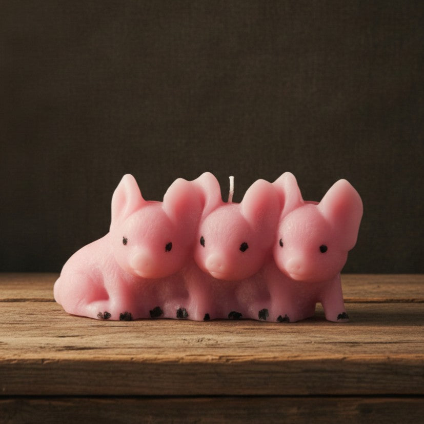 Pink pig-shaped candle on a wooden surface with a dark background