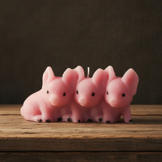 Pink pig-shaped candle on a wooden surface with a dark background