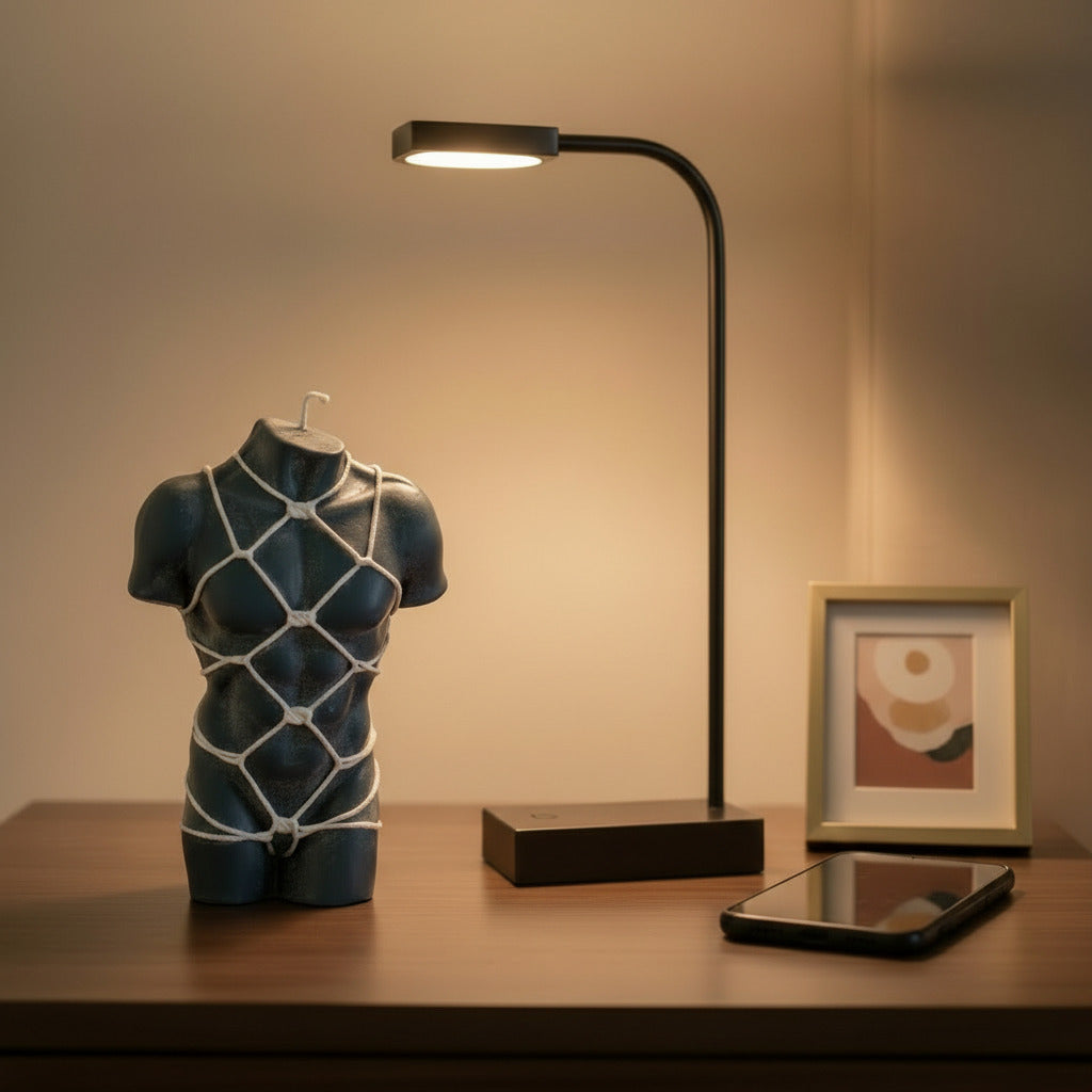 dark grey male torso candle with white shibari rope harness on a nightstand