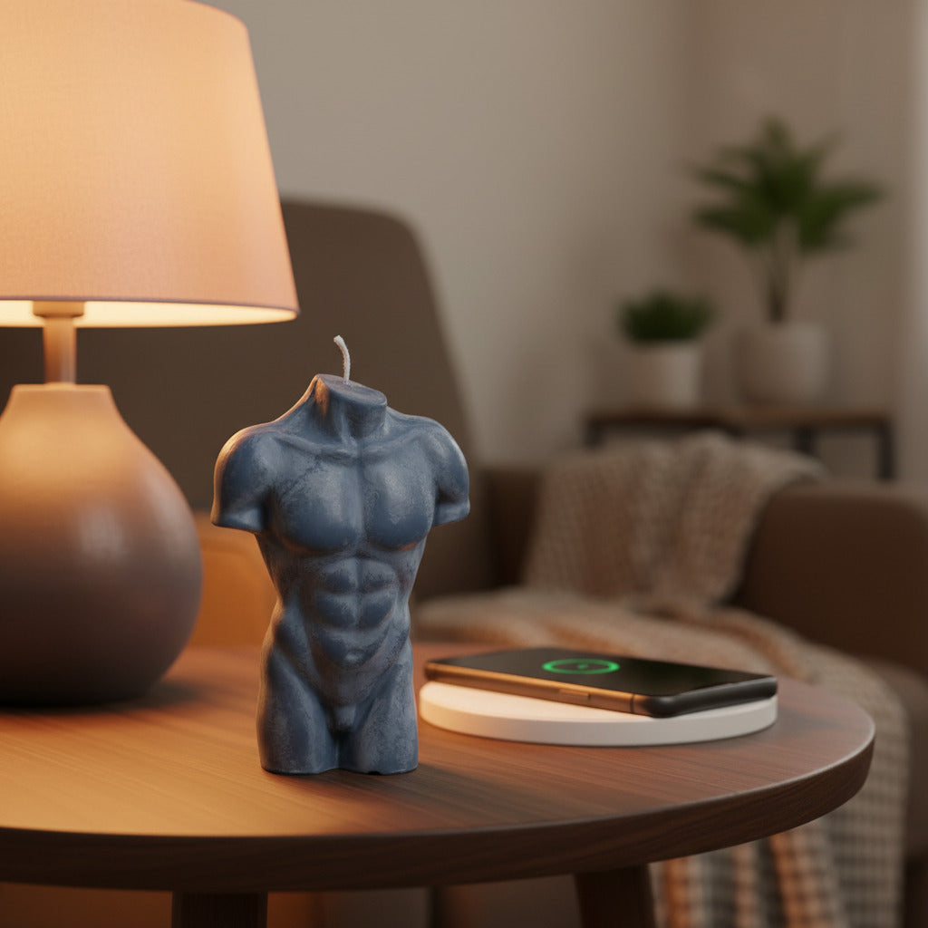 dark grey male torso candle on a side table
