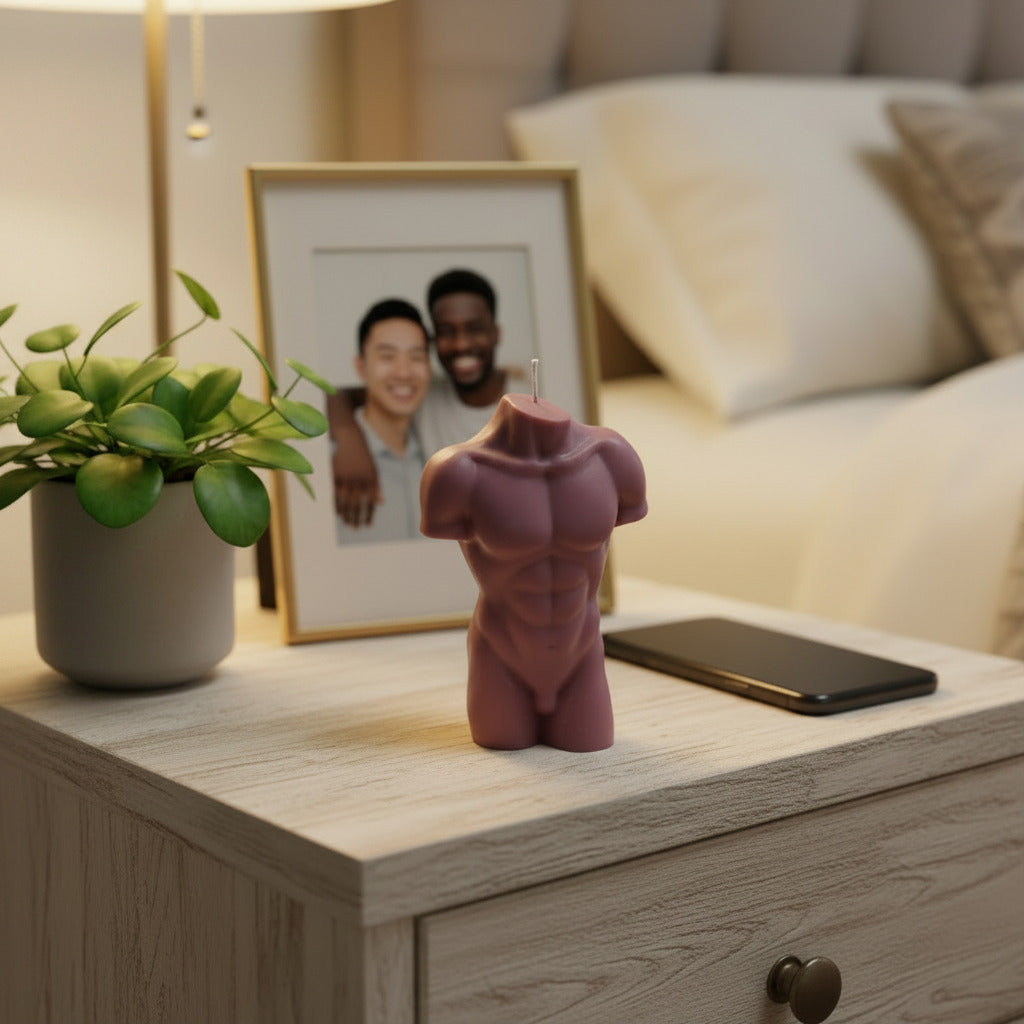 a brown male torso candle on a night stand