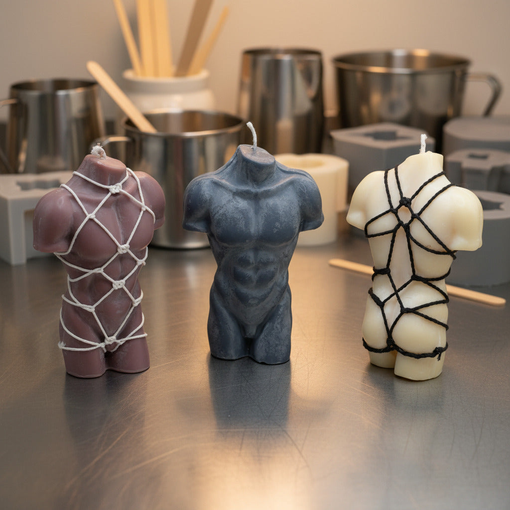 three male torso candles in different styles with candle making equipment in the background