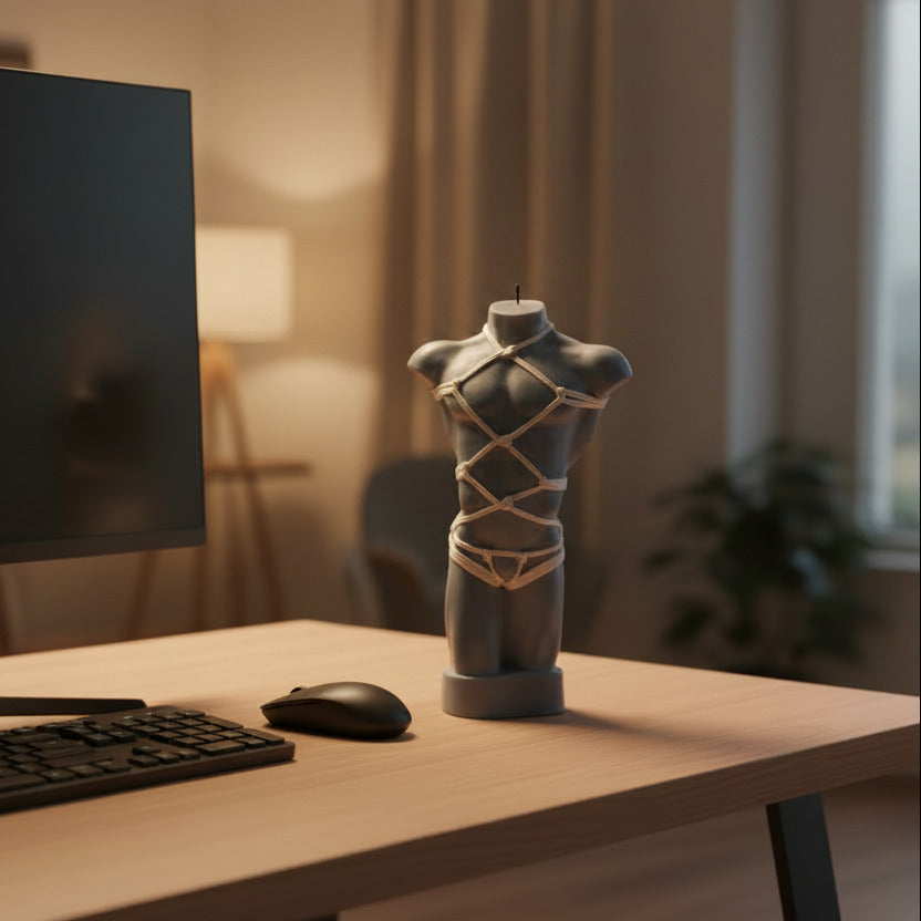 grey male torso candle with shibari rope harness on home office desk