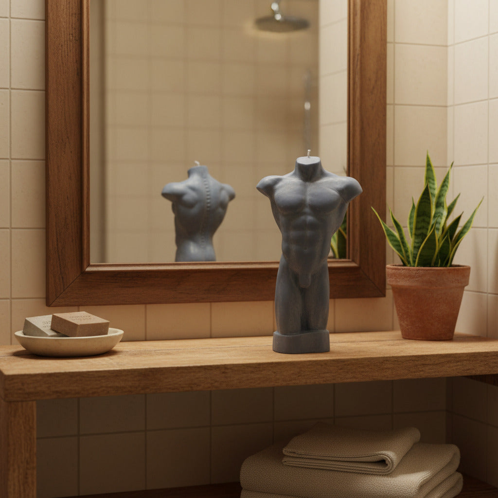 a grey male torso candle in a bathroom shelf in front of a mirror