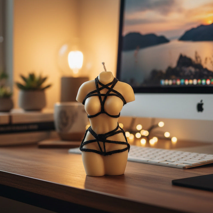 a white female torso candle with black shibari rope harness on work desk