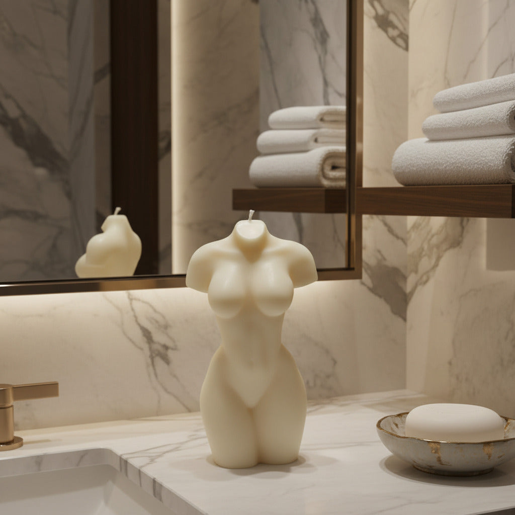 a white female torso candle in a bathroom