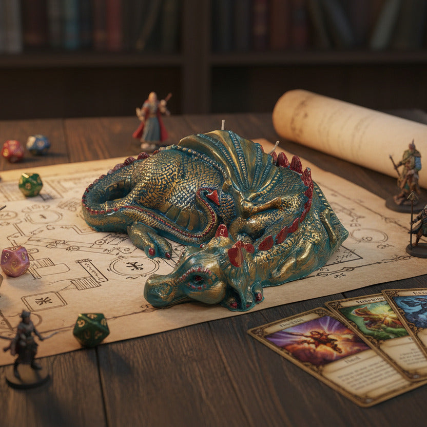 hand-painted lazy dragon candle on a table during a DND game