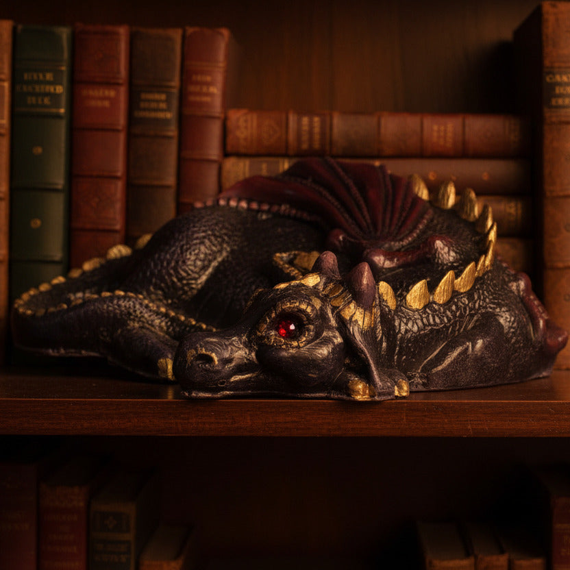a hand-painted lazy dragon candle in a bookshelf