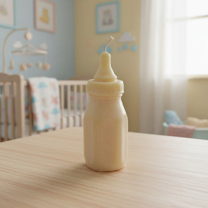a white baby bottle candle on a table in a nursery