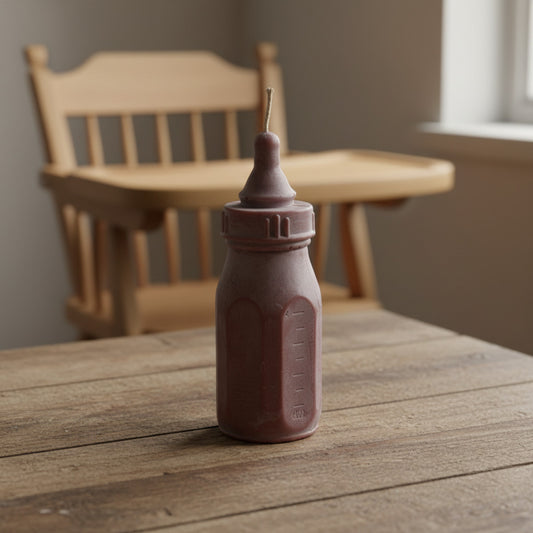 A brown Baby bottle candle on a wooden table with a baby chair in the background.