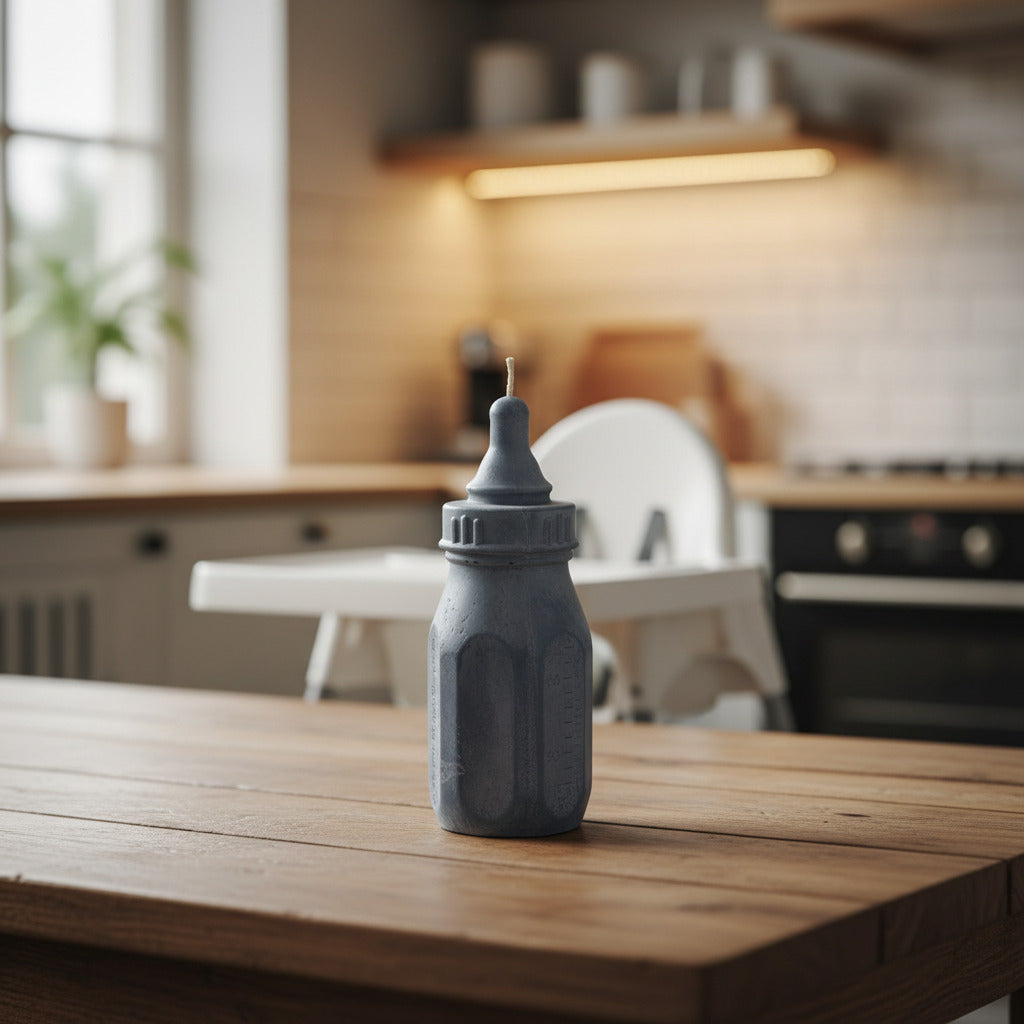 a grey baby Bottle candle on a kitchen table with a baby chair
