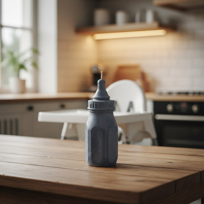 a grey baby Bottle candle on a kitchen table with a baby chair