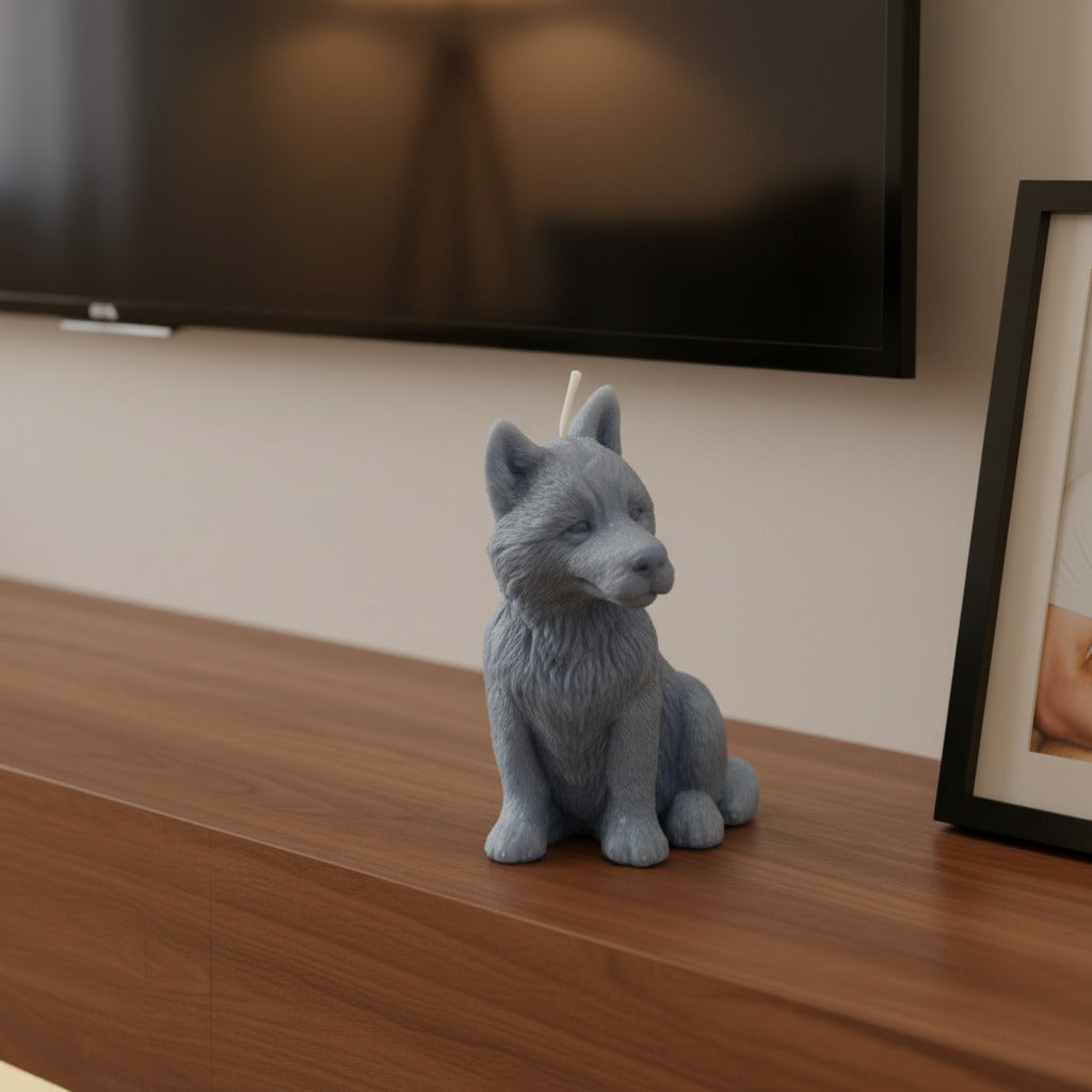 a grey small husky candle on a shelf with a TV above