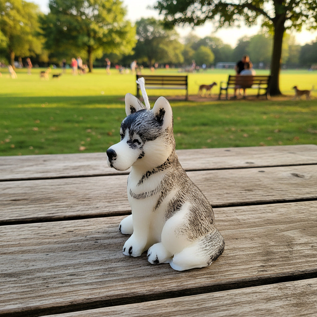 Small hand-painted black and white husky candle on a wooden table, dogs playing in the background