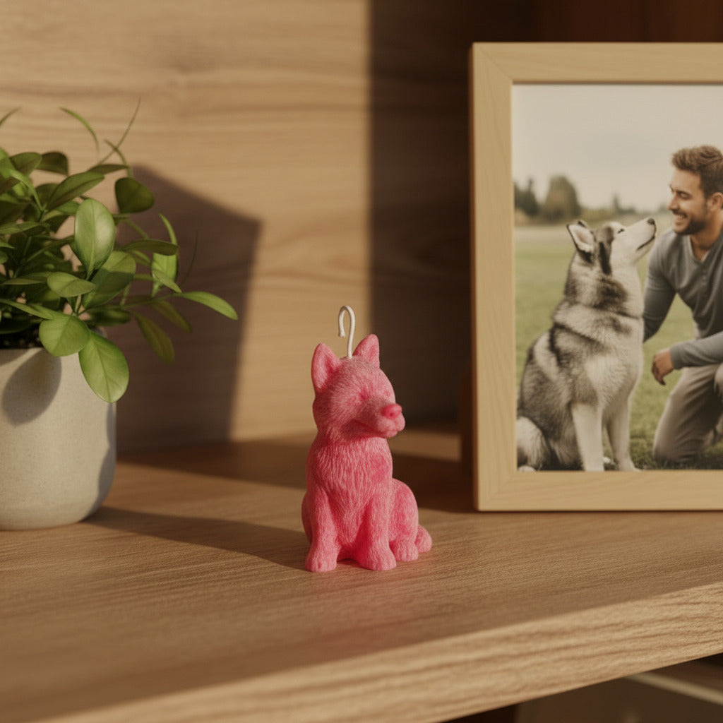 red small husky candle in a shelf with a plant and a photo