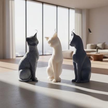 Three shy cat candles on a table in an apartment