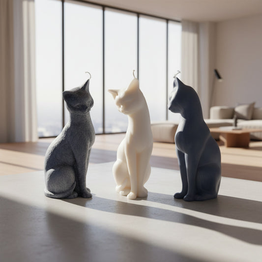 Three shy cat candles on a table in an apartment