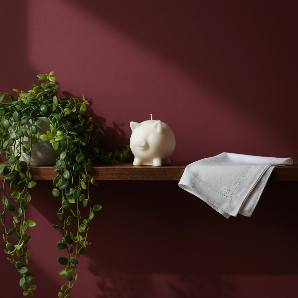 a white pig candle on a shelf with a flower and a white handkerchief with a dark red wall as background
