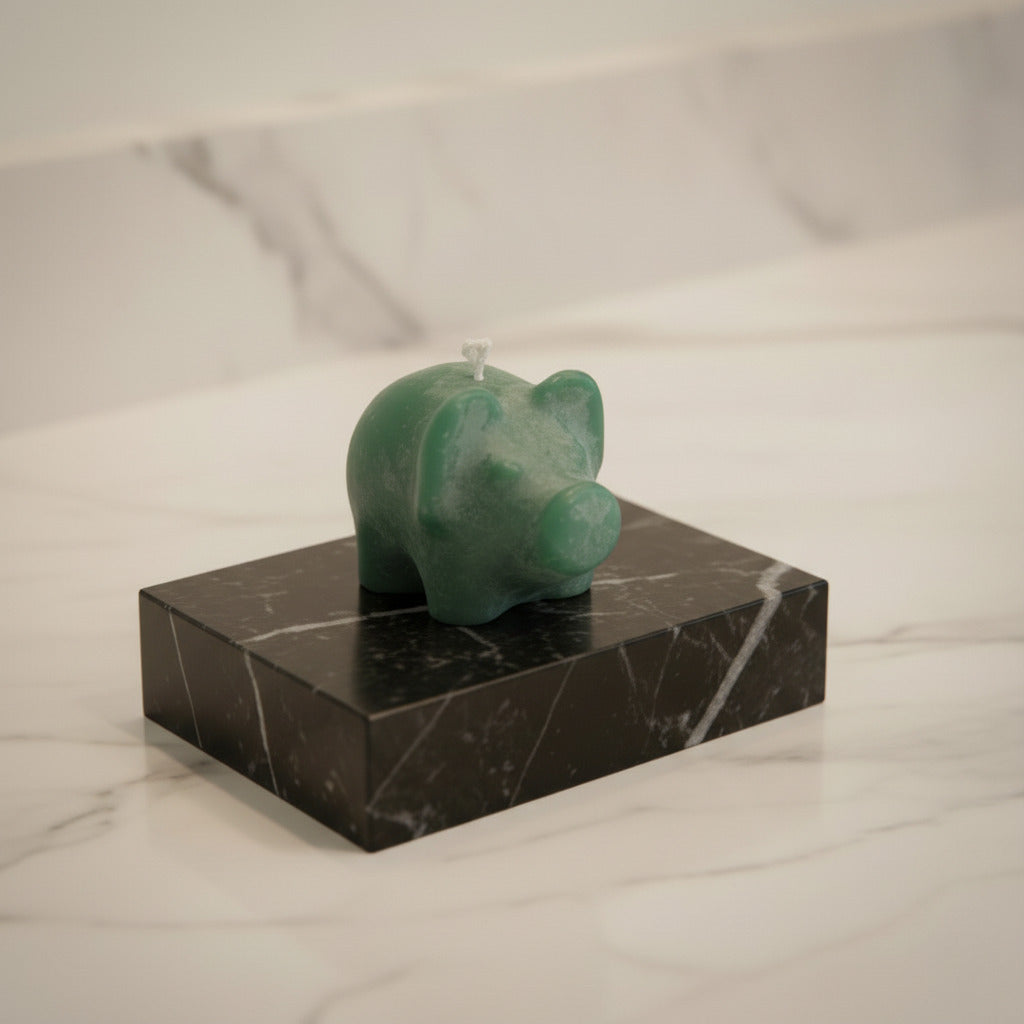 green tiny pig candle (1.5") on black marble block on white counter