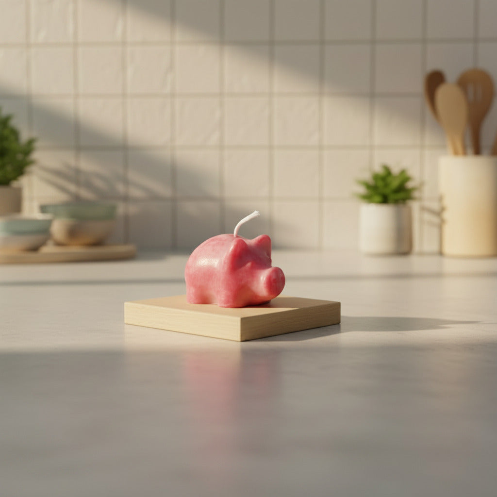 a tiny red pig candle (1.5" tall) on a wooden board on a kitchen counter