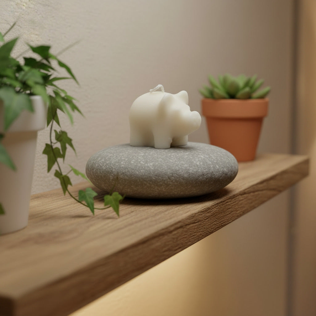 a white tiny pig candle (1.5" tall) sitting on a stone on wall shelf between plants