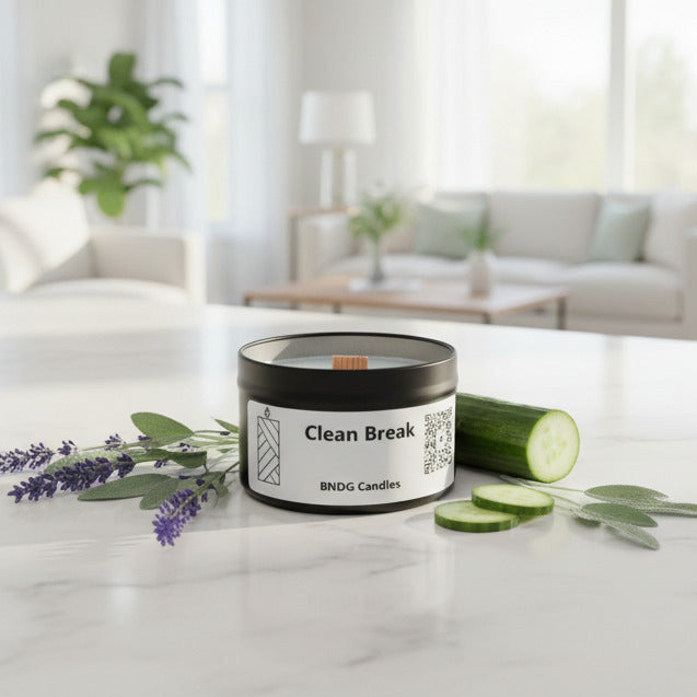 a candle tin with "clean Break"-scent on a marble counter with lavender, cucumber and sage