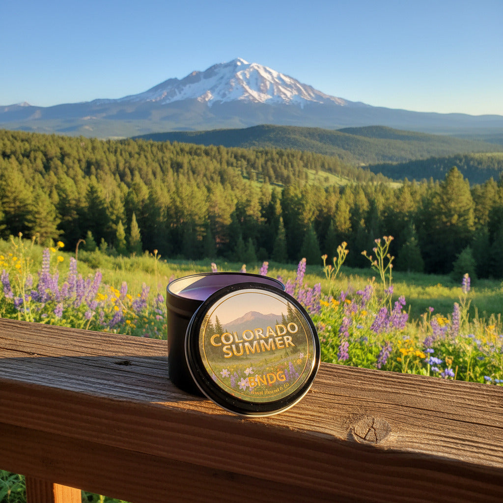 candle tin with "Colorado Summer"-scent on a porch railing and pikes peak in the distance