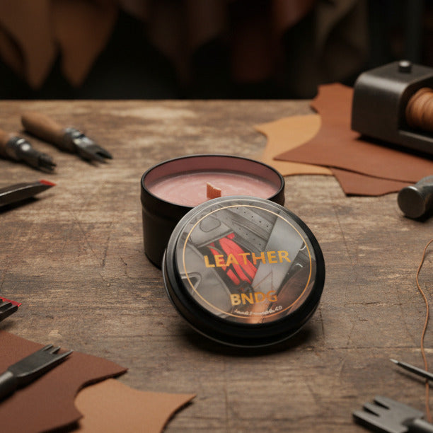 a candle tin with "Leather"-scent in a leather workshop