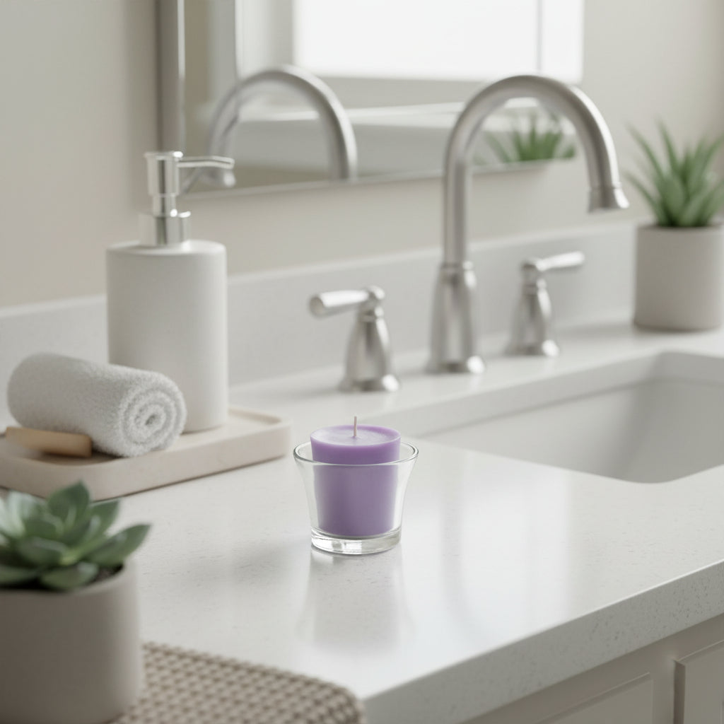 purple 12-hr votive on a bathroom counter