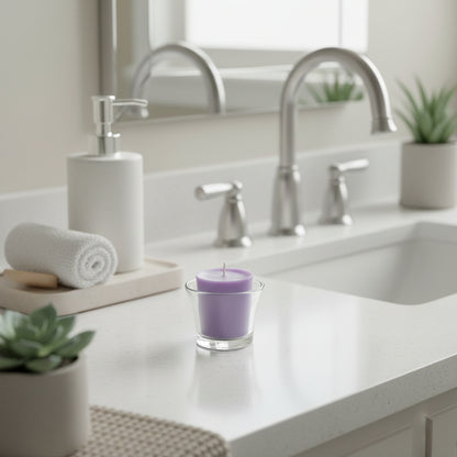 purple 12-hr votive on a bathroom counter