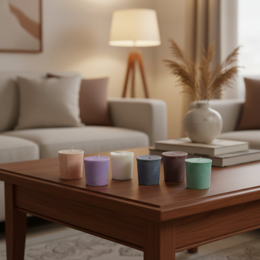 6 different colored votive candles on a living room table